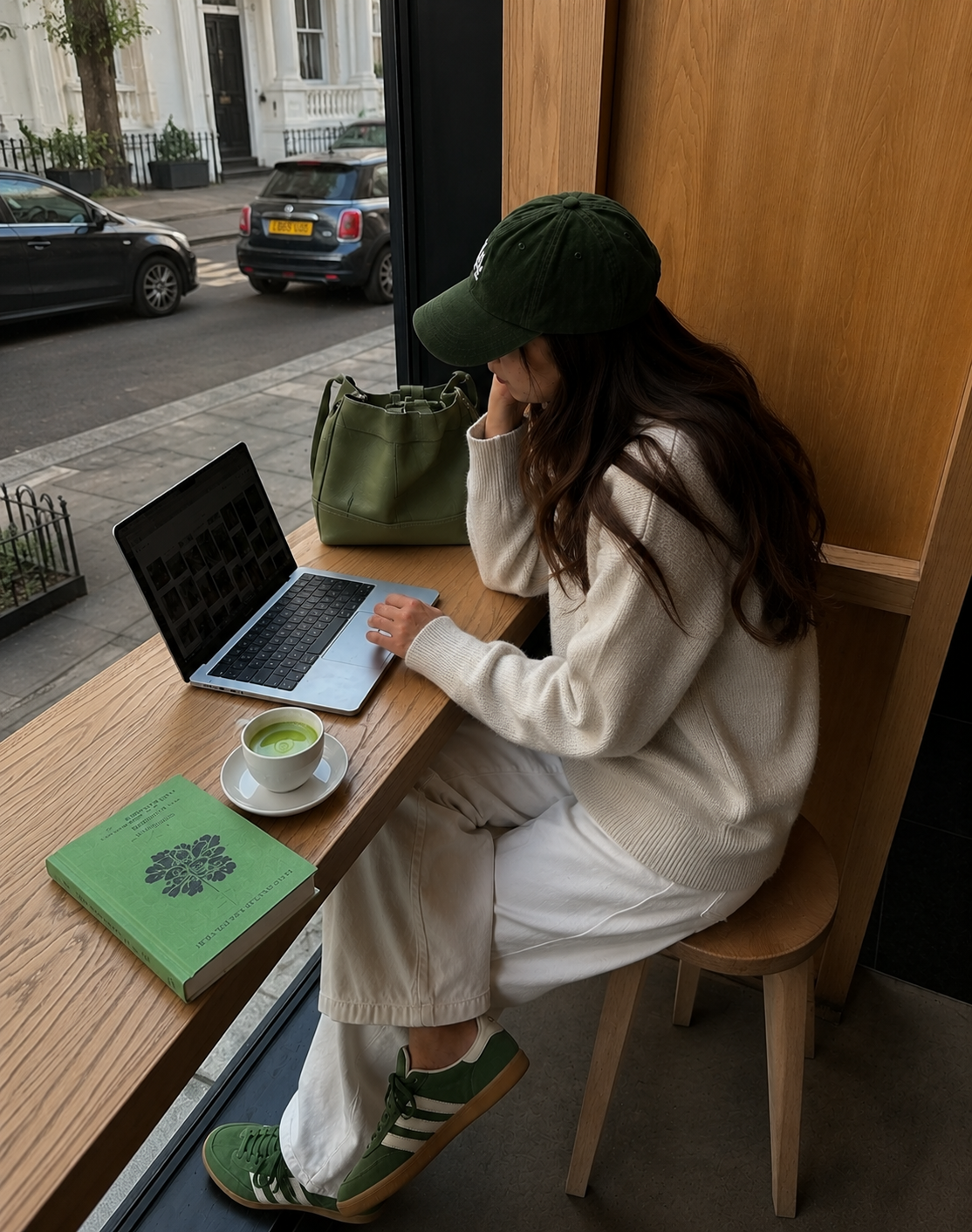woman lounging at desk with legs propped up and shoulders slumped