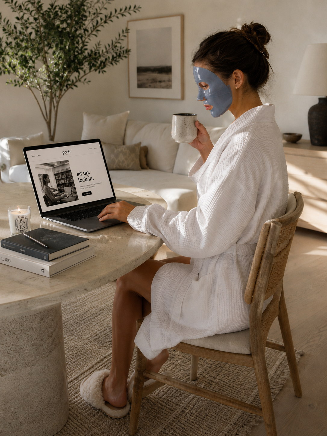 a woman studying at her desk with posh on her laptop