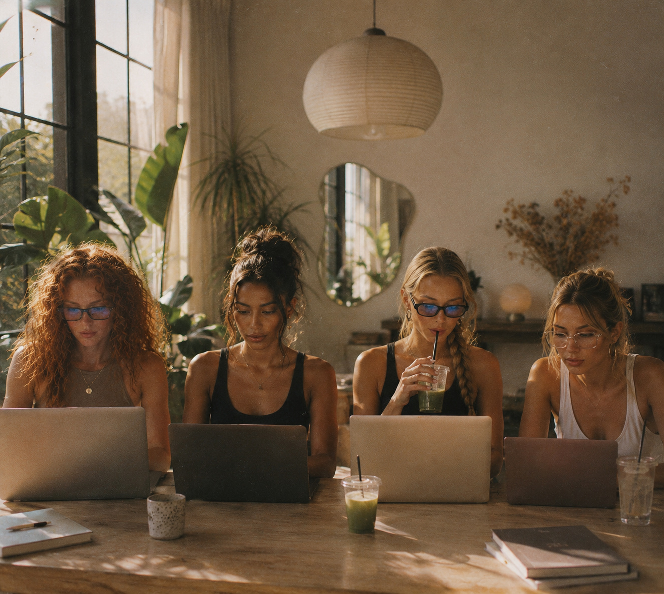 a group of friends working on laptops together at a long table